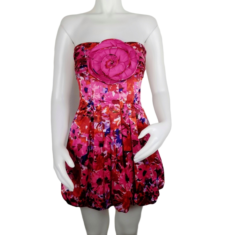 BCBGMaxAzria Pink and Red Strapless Floral Bubble Hem Mini Dress